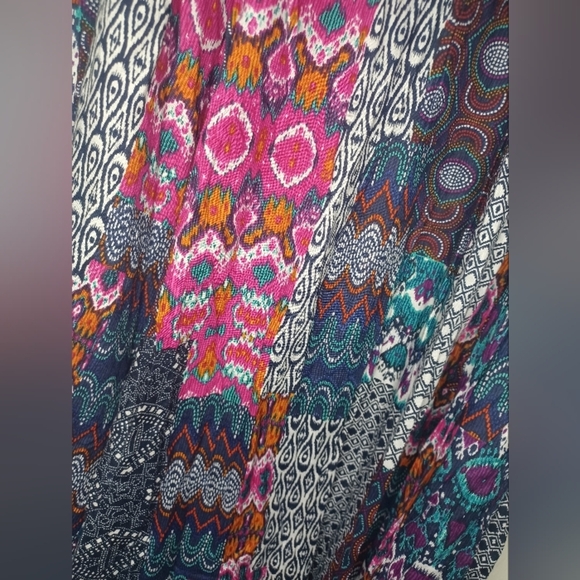 Coline Womens Patchwork Midi Full Skirt Boho Hippie Peasant Smocked Waist L/XL - Picture 4 of 6